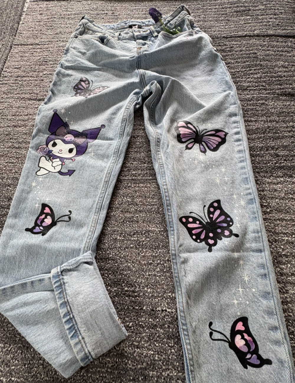 Kuromi Sanrio Mom Jeans Women 2 Purple Butterfly Garden High Rise Anime Stretch
